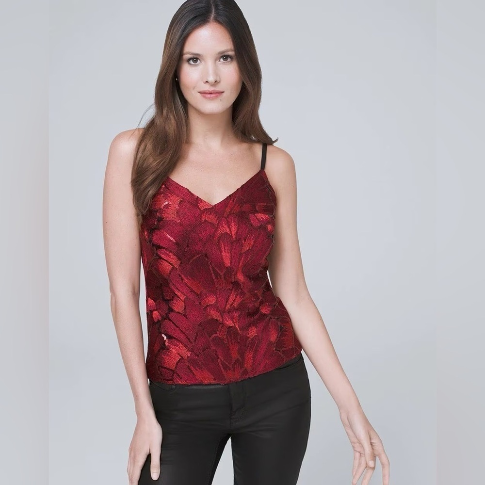 WHBM Sequin Embroidered Camisole Cranberry Red Shimmery Adjustable Straps